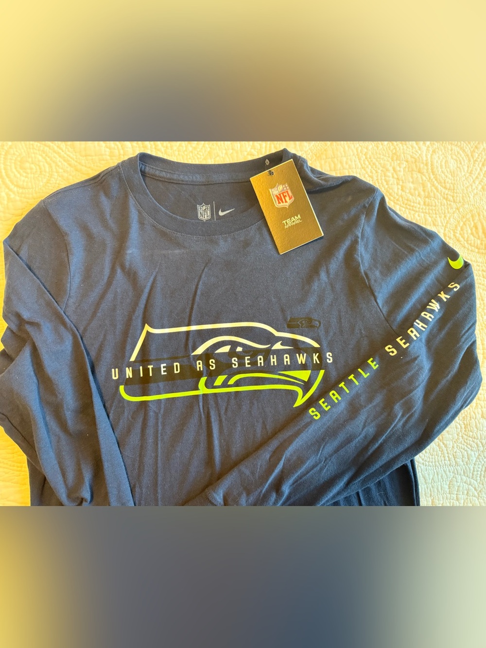 Nike Seattle Seahawks Navy and Neon Green Long Sleeve Graphic Tee